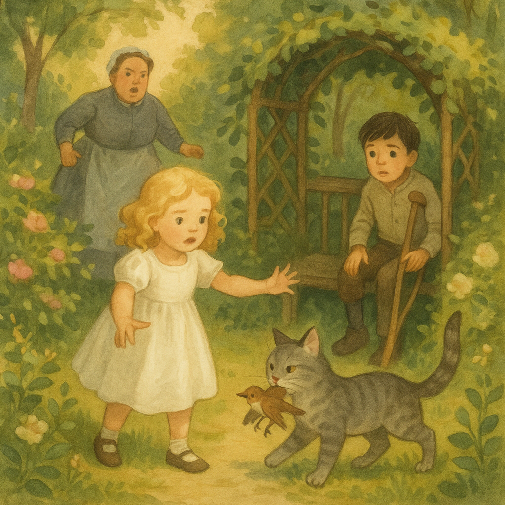 A little girl in a white dress defends a bird from a cat in a Victorian garden, a scene from Mistress Merciless.