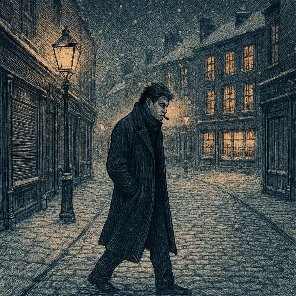 A lone man walks empty snow-covered Victorian streets at Christmas night, in My First Christmas in England.