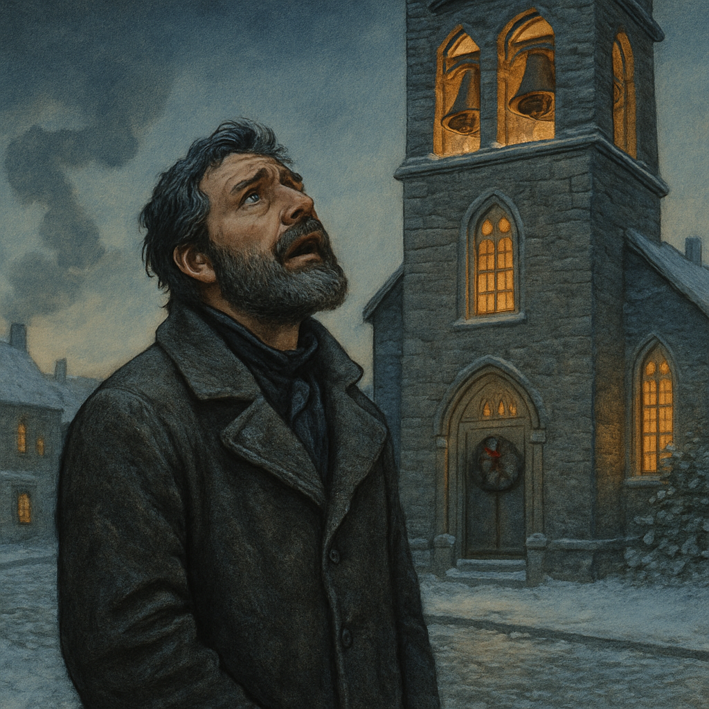 A man in a winter coat gazes up at a ringing church belfry in the snow, in Peace on Earth by Longfellow.
