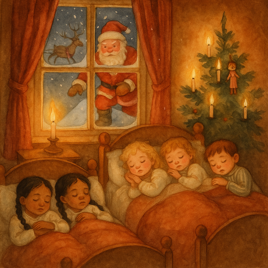 Children pretending to sleep on Christmas Eve as Saint Nicholas arrives on the rooftop, from "Saint Nicholas — His Roundelay"