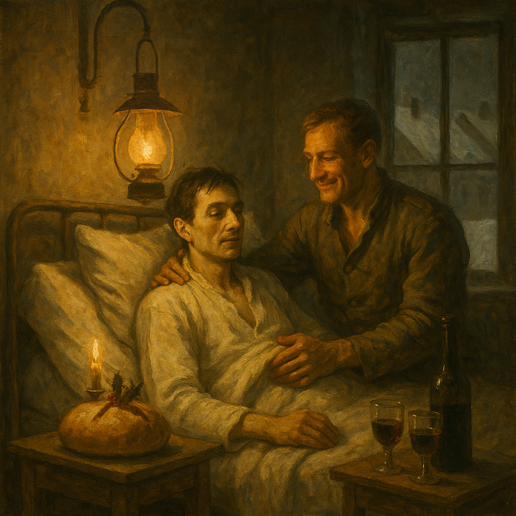 Two wounded French soldiers sharing Christmas wine and bread by lamplight, a scene from Salvette and Bernadou.