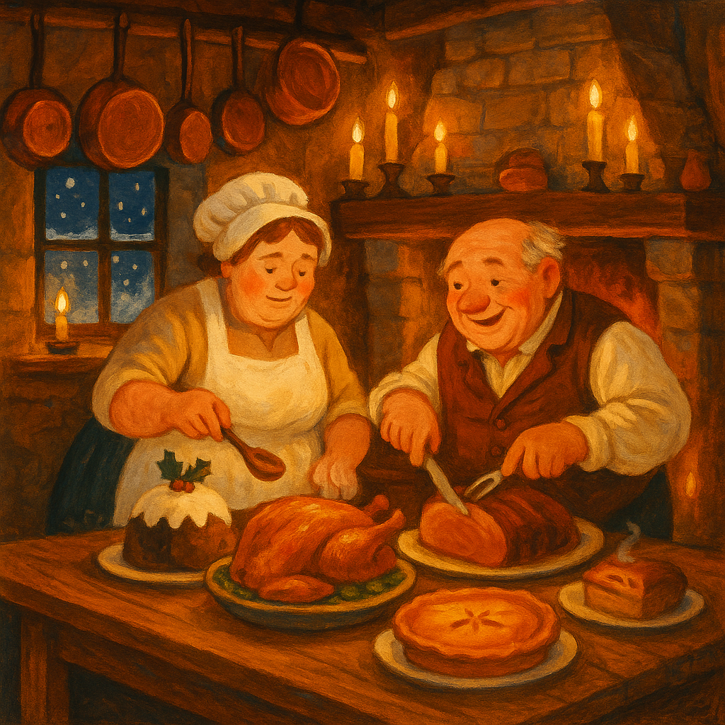 Bustling Christmas kitchen with festive feast dishes in the poem Signs of the Season