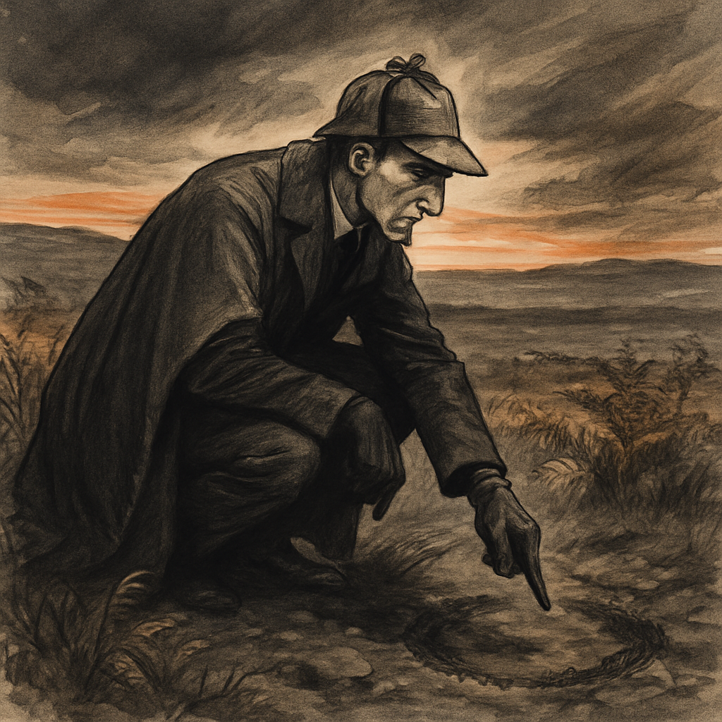 Sherlock Holmes examines a horse track on the Dartmoor moor at dusk, a key scene from Silver Blaze.