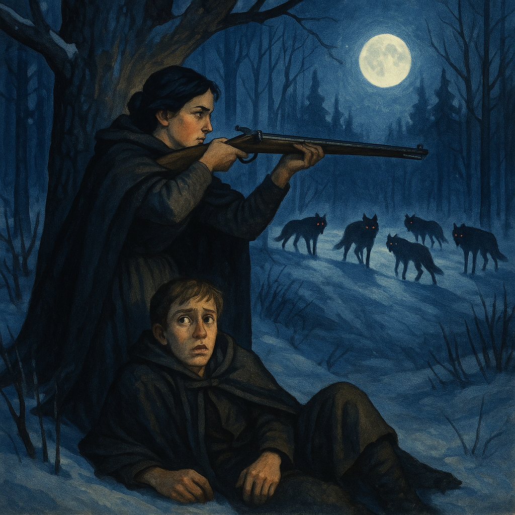 Solange aims a rifle at wolves in the moonlit snow-covered forest, from Solange the Wolf-Girl.