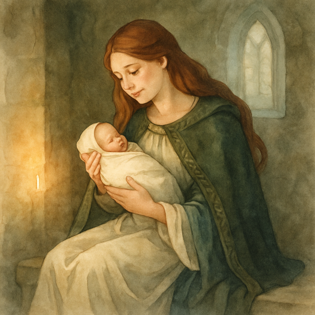 Saint Bridget tenderly holds the infant Christ in a candlelit stone chapel, illustrating the poem St. Bride by Fiona Macleod.
