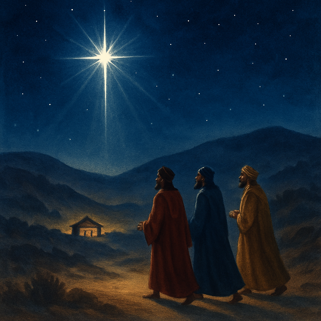 Three wise men following the Star of the East toward Bethlehem, illustrating Eugene Field's Christmas poem.
