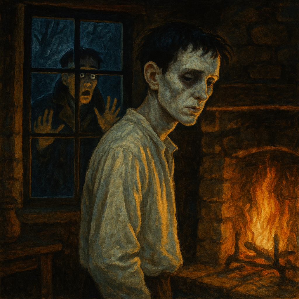 A bleached, pale young man stands by a fireplace as a shocked figure peers through the dark window in The Adventure of the Blanched Soldier.