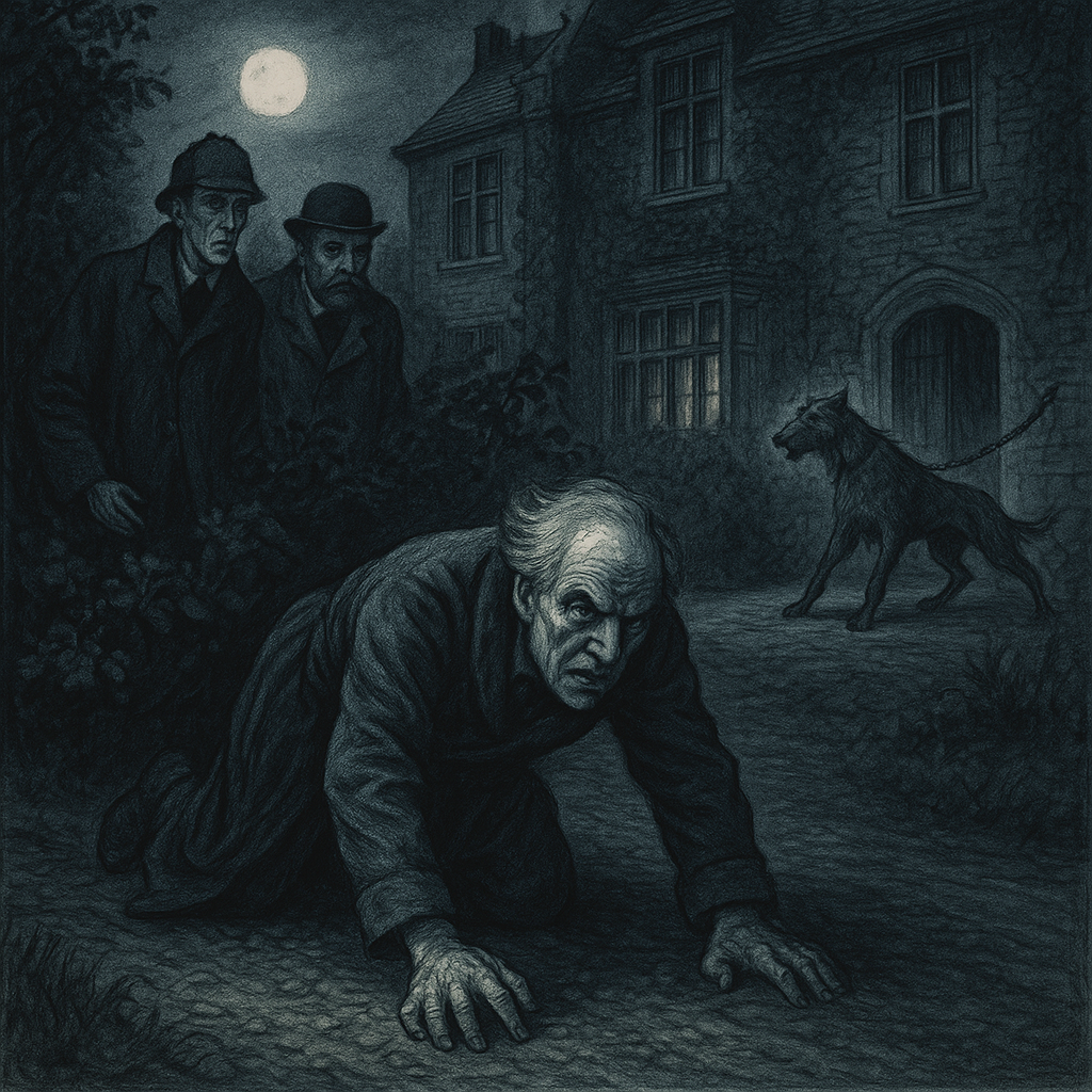 Professor Presbury crawling on all fours by moonlight as Holmes and Watson watch, from The Adventure of the Creeping Man