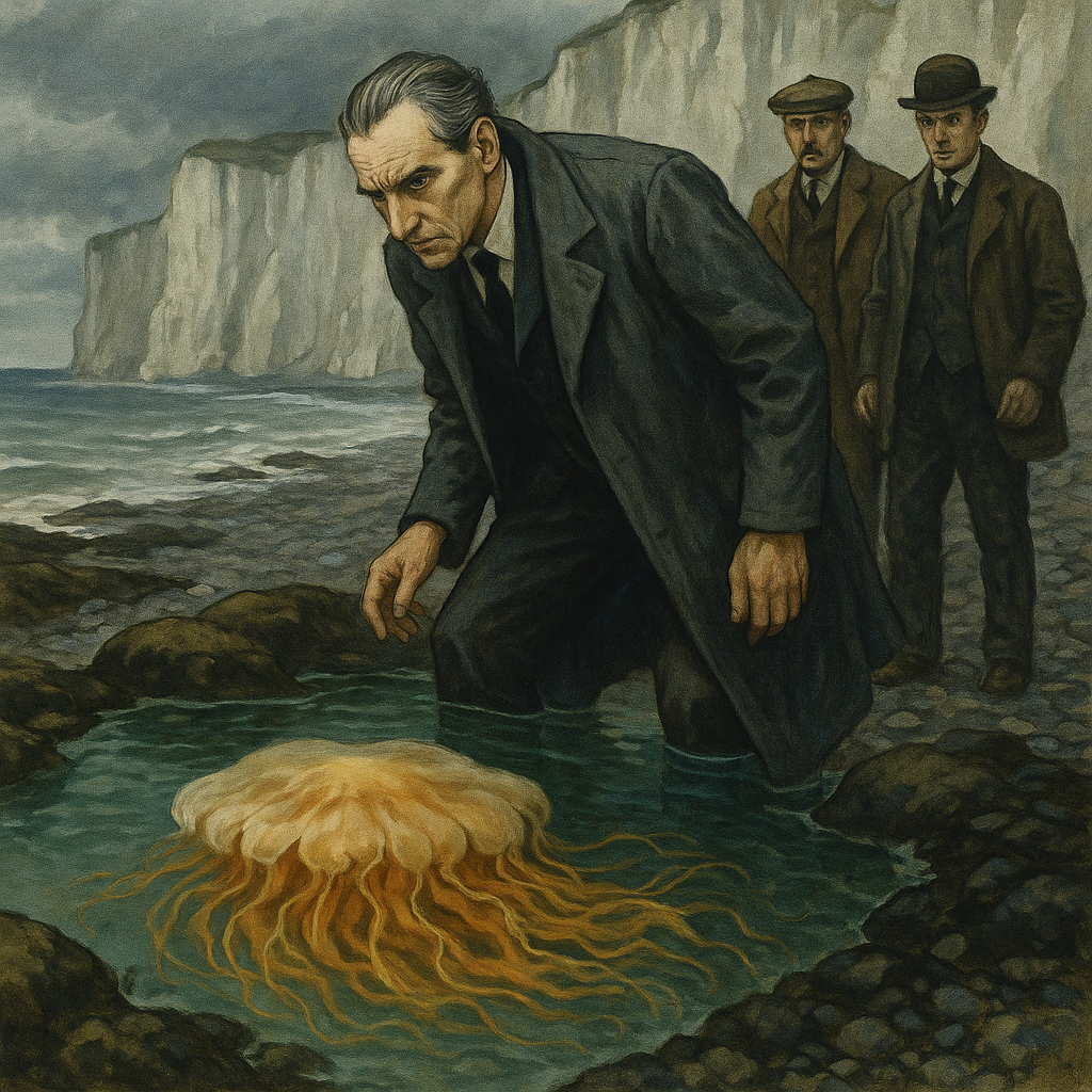 Sherlock Holmes peers into a rock pool to discover the deadly jellyfish in The Adventure of the Lion's Mane.
