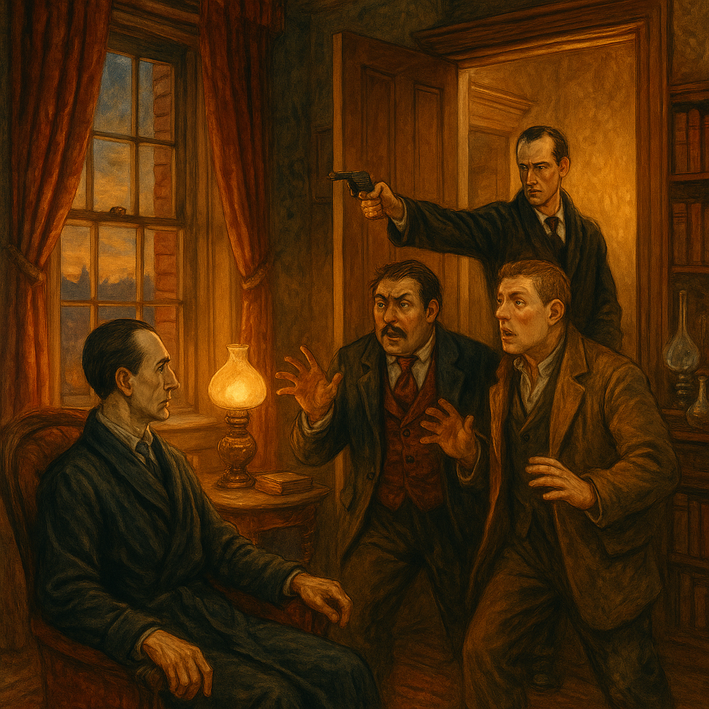 Sherlock Holmes confronts Count Sylvius and Sam Merton in Baker Street, in The Adventure of the Mazarin Stone.