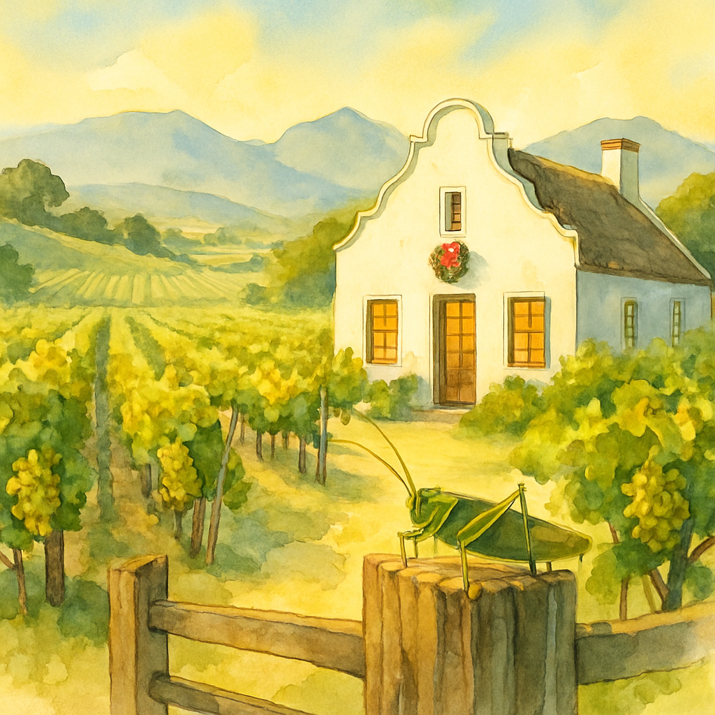 A sun-drenched Cape Winelands vineyard at Christmas, illustrating the poem "Christmas at the Cape" by John Runcie.