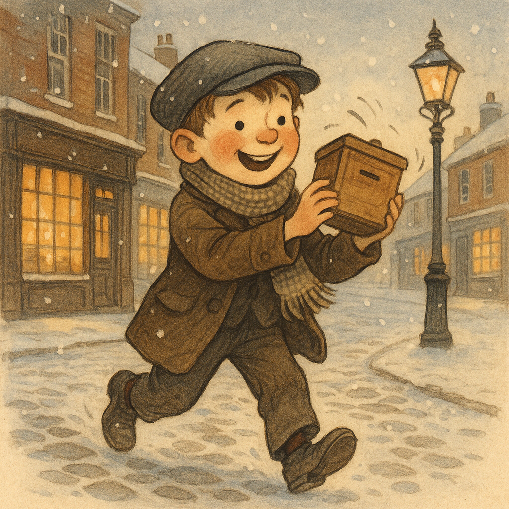A joyful boy shaking a Christmas collection box on a snowy town street, illustrating The Christmas Box poem.