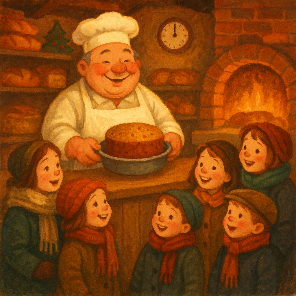 The jolly Baker presents the finished Christmas cake to the delighted McMulligan children in The Christmas Cake.