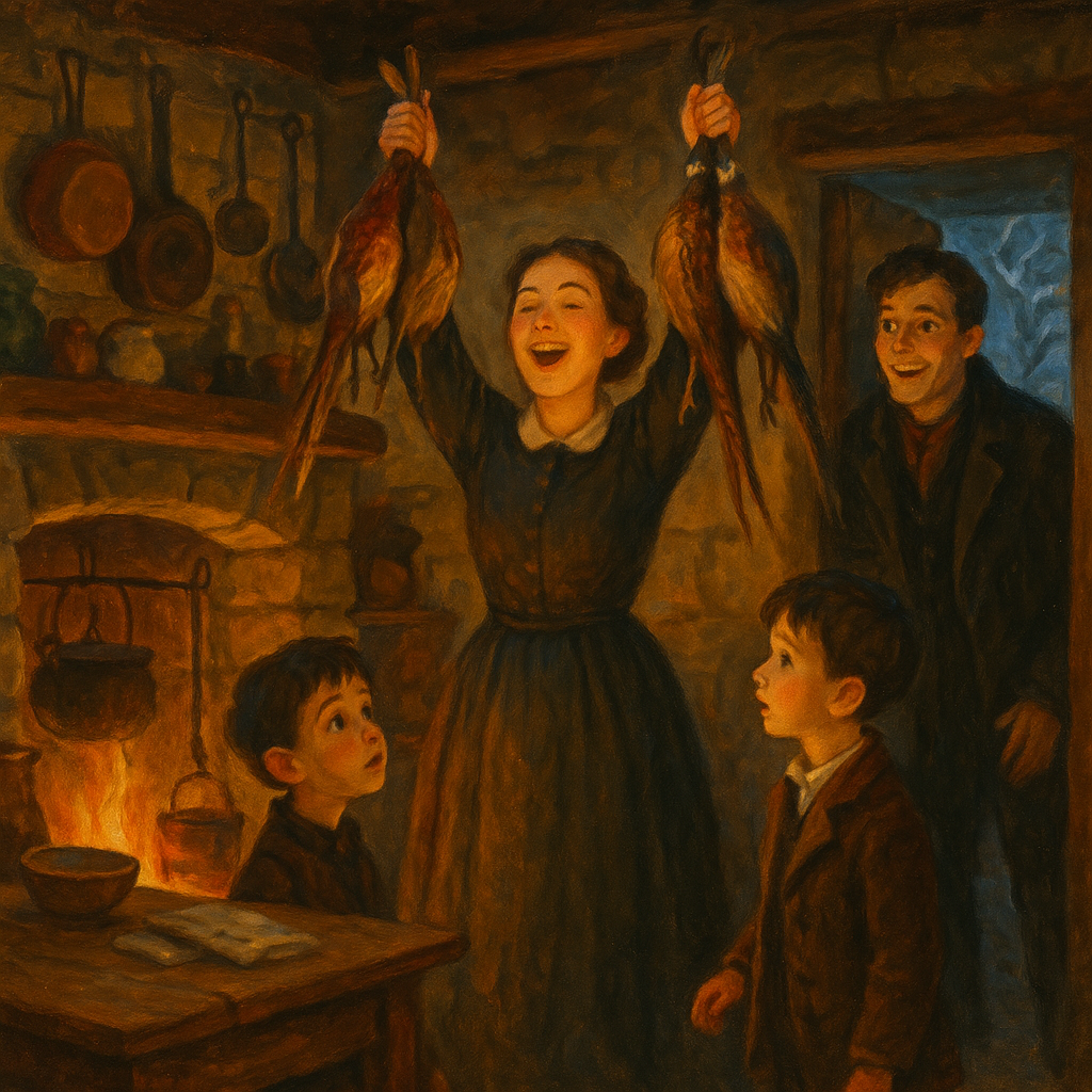 Carry triumphantly holds up pheasants by the fire in The Christmas Hearth