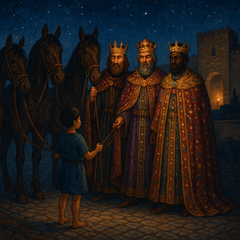 A barefoot boy holds the reins of three kings' horses on a dark road — scene from The Christmas Kings