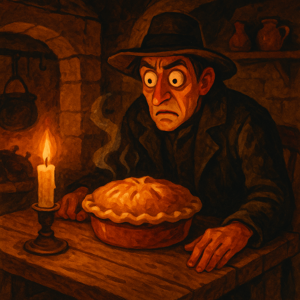 A man nervously guards a golden Christmas pie by candlelight, illustrating Robert Herrick's poem The Christmas Pie.