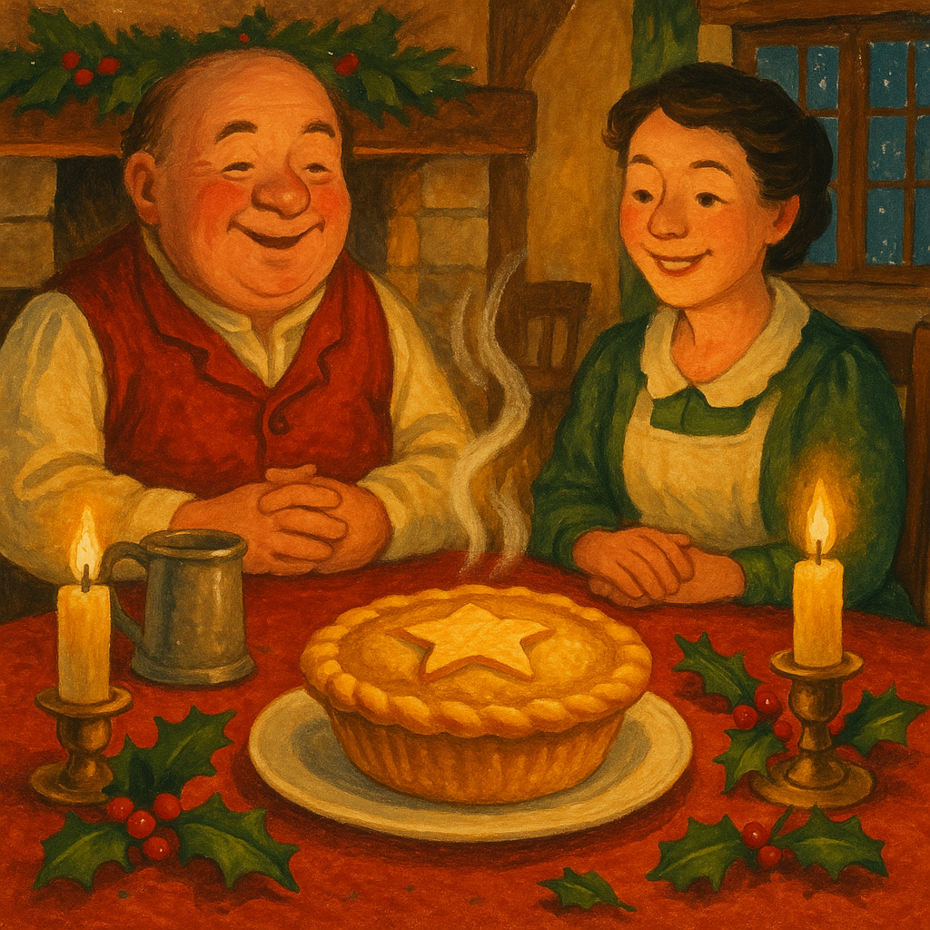 A festive mince pie on a candlelit Christmas table in a cozy cottage, illustrating The Christmas Pie poem.