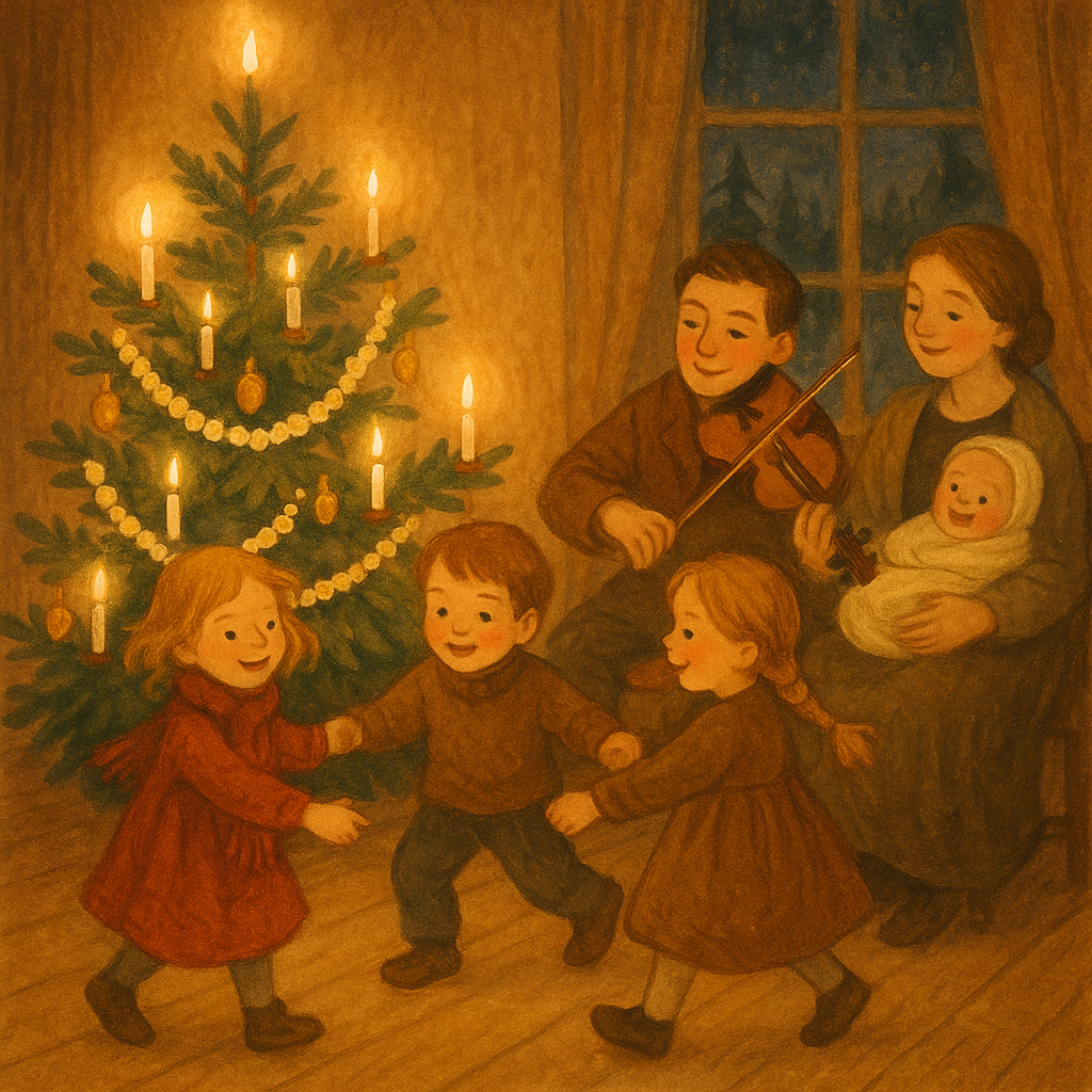 A glowing decorated spruce tree surrounded by dancing children and a family in a warm room, from The Christmas Spruce Tree