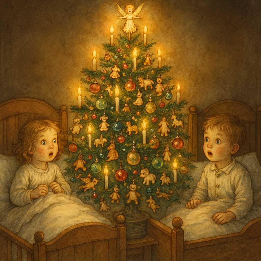 Two young children in nursery beds gazing at a glowing decorated Christmas tree in The Christmas Tree in the Nursery.
