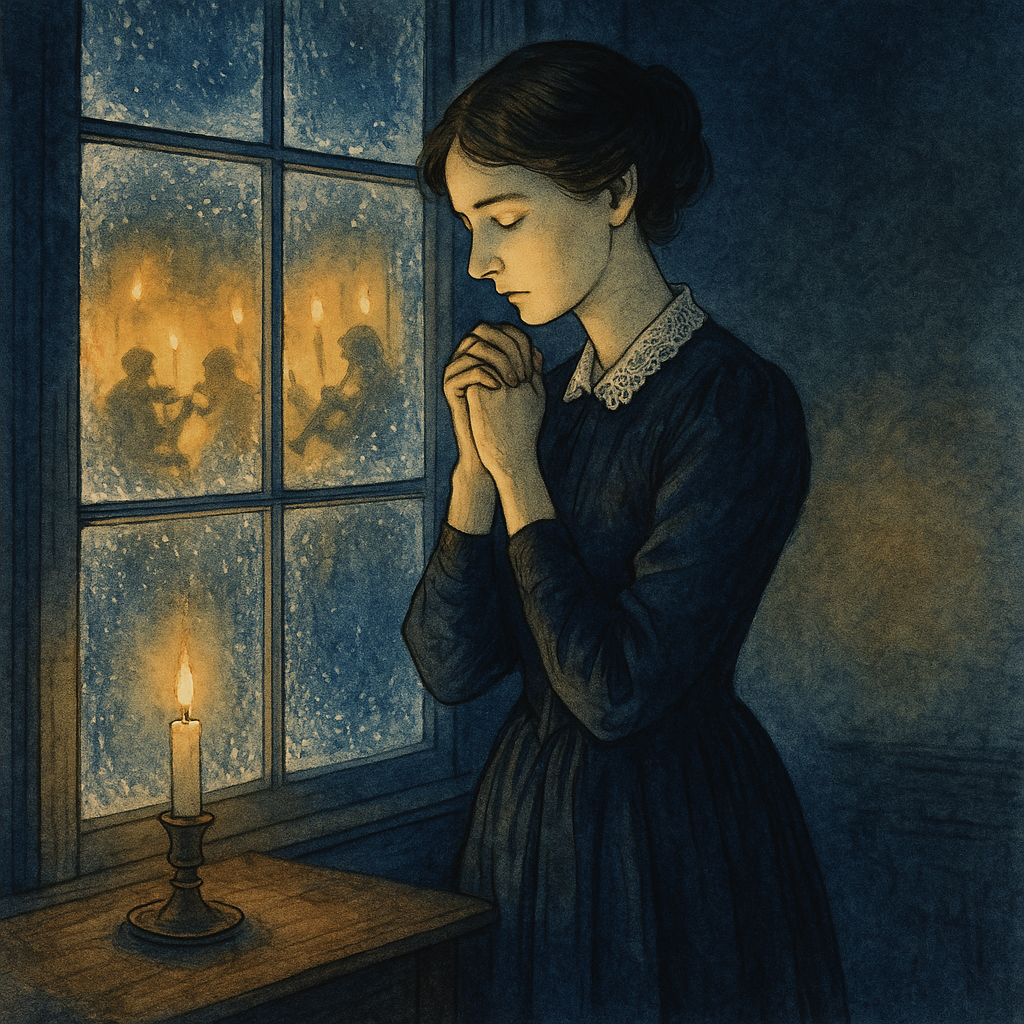 A Victorian woman prays quietly by a frost-covered window in "The Coming of Christmas" by Lady Lindsay.