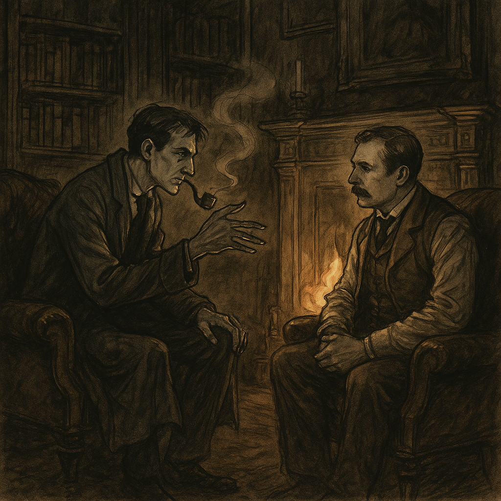 Sherlock Holmes and Dr. Watson talk by firelight late at night, in a scene from The Crooked Man.