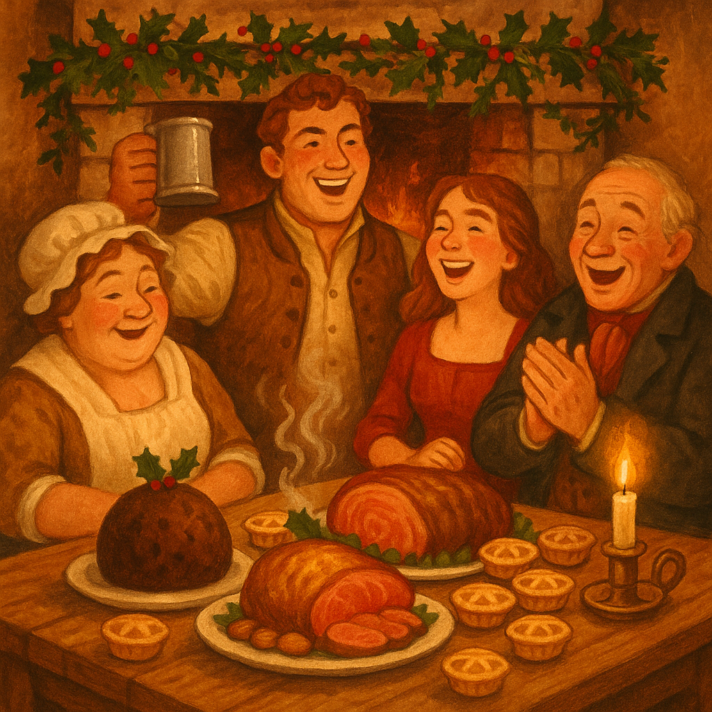 Joyful Christmas feast scene with plum pudding and roast beef, illustrating The Delights of Christmas poem.