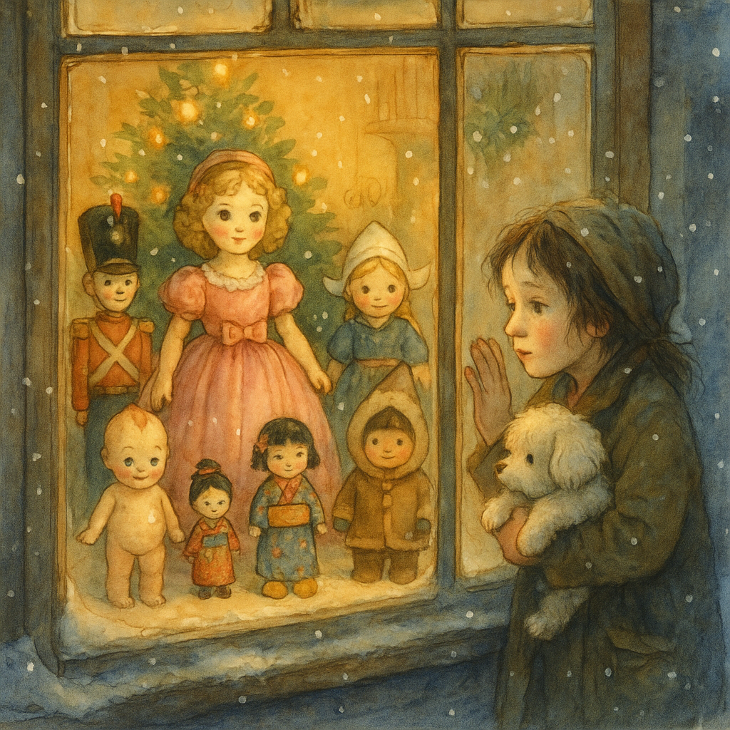 A girl in a shabby coat presses her nose to a glowing Christmas doll shop window in The Doll's Wish.