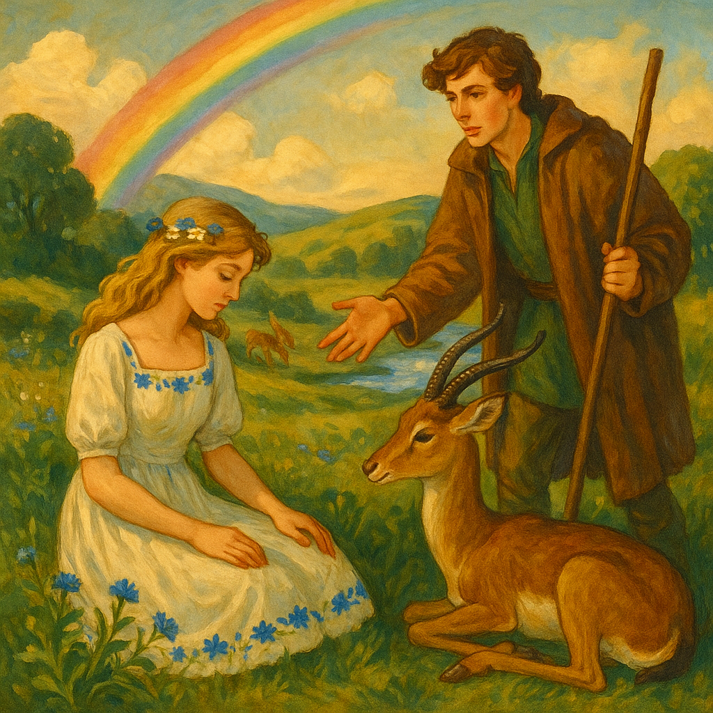 Andrea meets the gentle queen Hertha by a river in The Fairy Tale of Fairy Tales, with a gazelle kneeling at her feet.