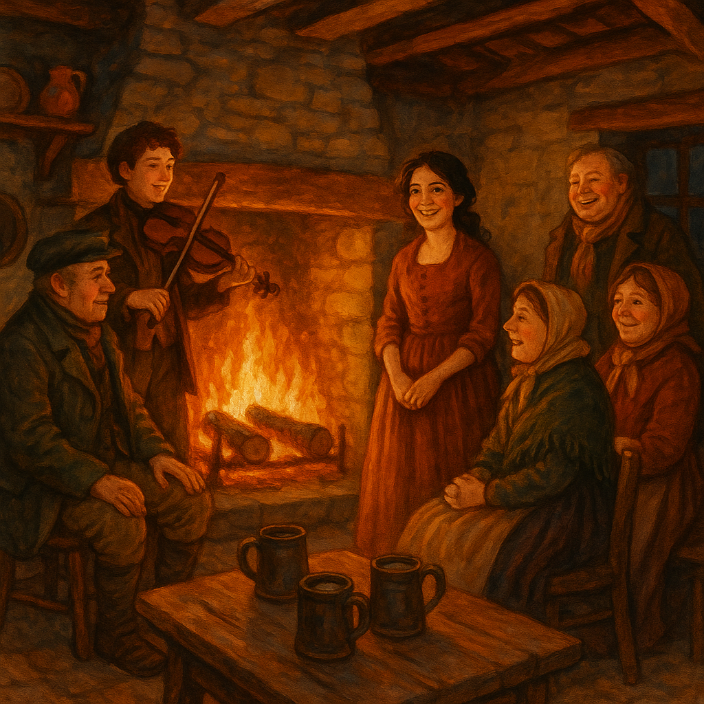 Villagers gathering around a blazing farmhouse fire in The Farmer's Invitation by William Barnes