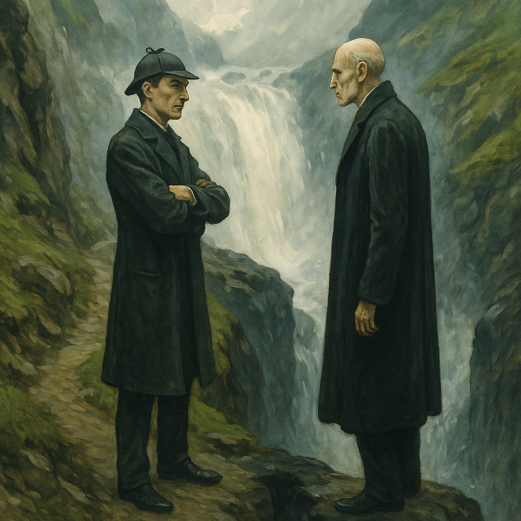 Holmes and Moriarty face each other on the narrow path above Reichenbach Falls in The Final Problem.