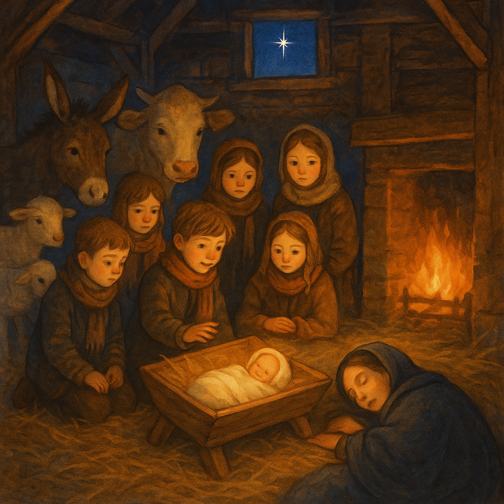 Children kneeling before a newborn baby in a manger inside a firelit stable, in The Finding of the Treasure.