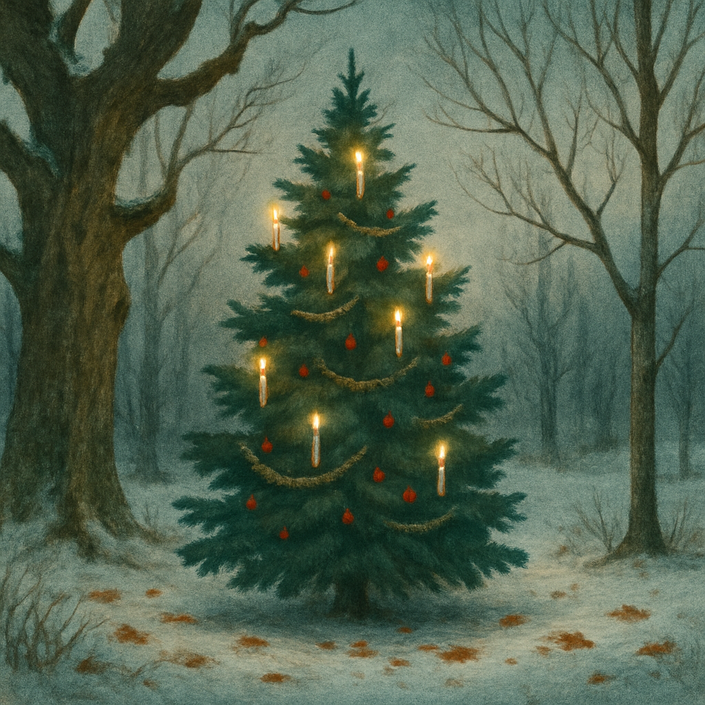 A proud fir tree glowing with Christmas lights stands among bare winter trees in an illustration from The Fir-tree.