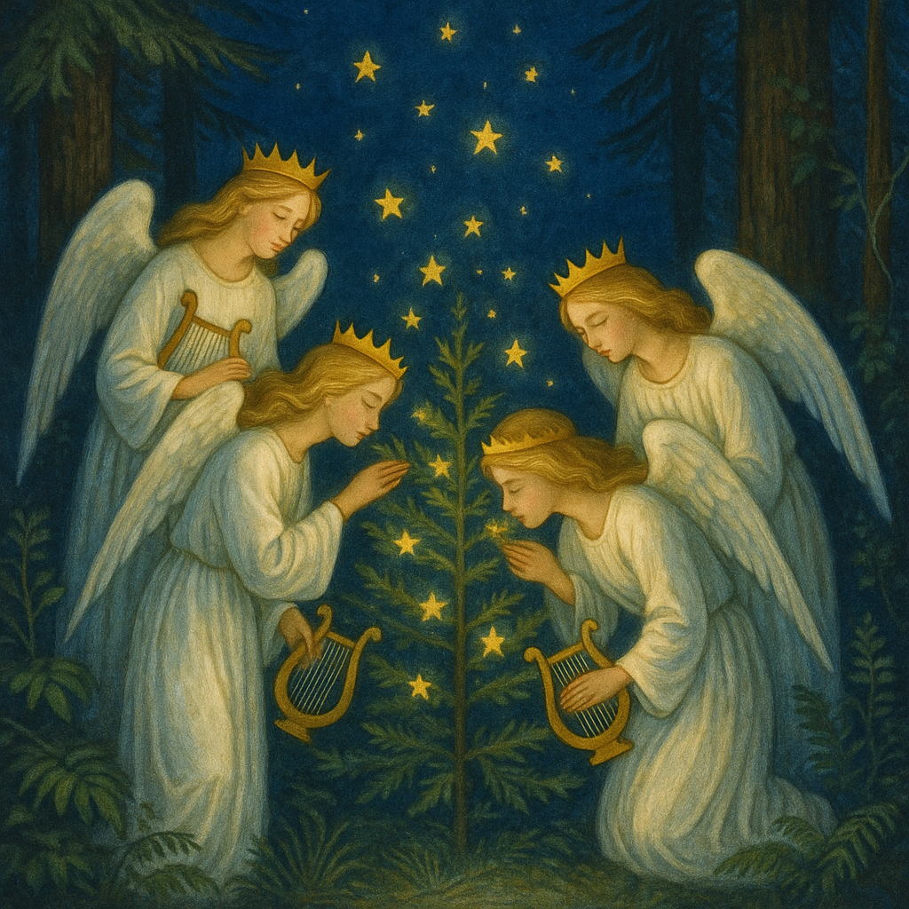 Angels surrounding the little tree in the forest at night, scene from The First Christmas Tree by Eugene Field
