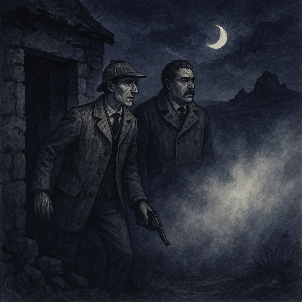 Sherlock Holmes and Dr. Watson on a foggy moonlit moor in The Hound of the Baskervilles