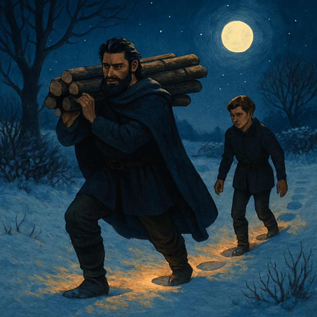 A king carrying pine logs through the snow at night, his page following in his footsteps — The Legend of King Wenceslaus