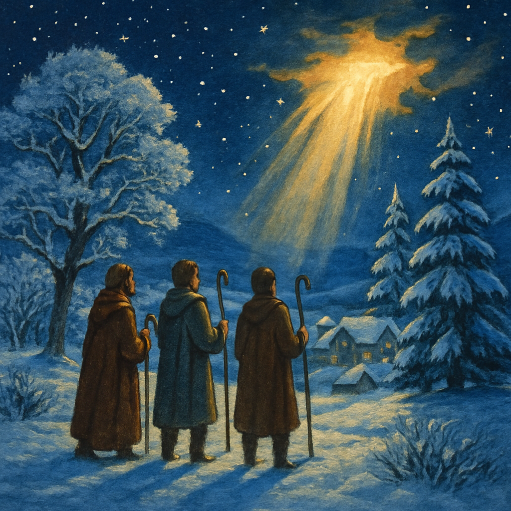 Three shepherds gaze up at a brilliant heavenly light in a snow-covered winter landscape, from The Light of Christmas.