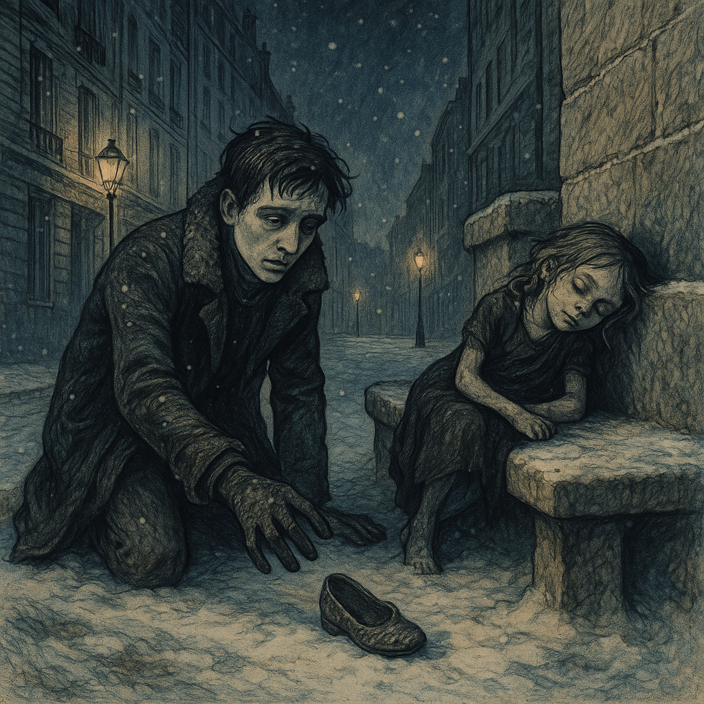 A desperate young man crouches in snowy Paris streets reaching toward a sleeping girl's slipper, in The Louis-d'Or.