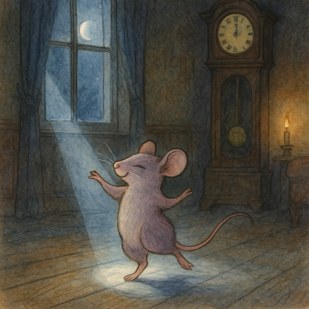 A little mauve mouse dancing in a moonbeam beside a grandfather clock in The Mouse and the Moonbeam.
