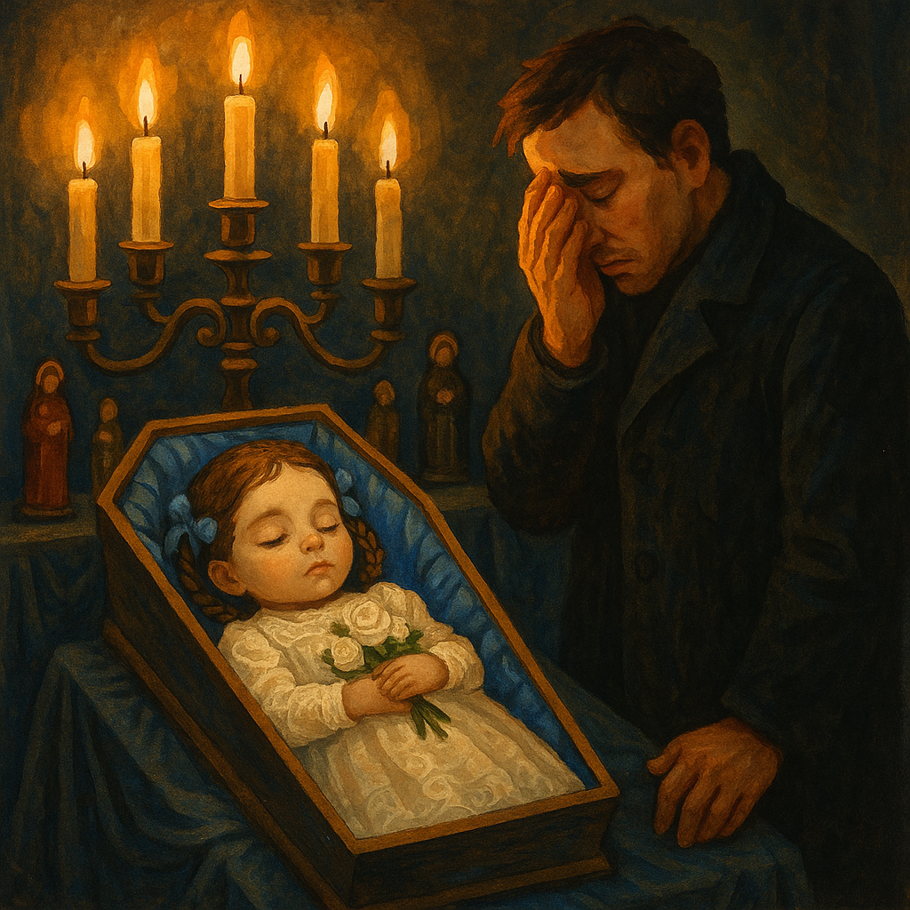 Celinina in her small blue coffin surrounded by candles and saints in "The Mule and the Ox"