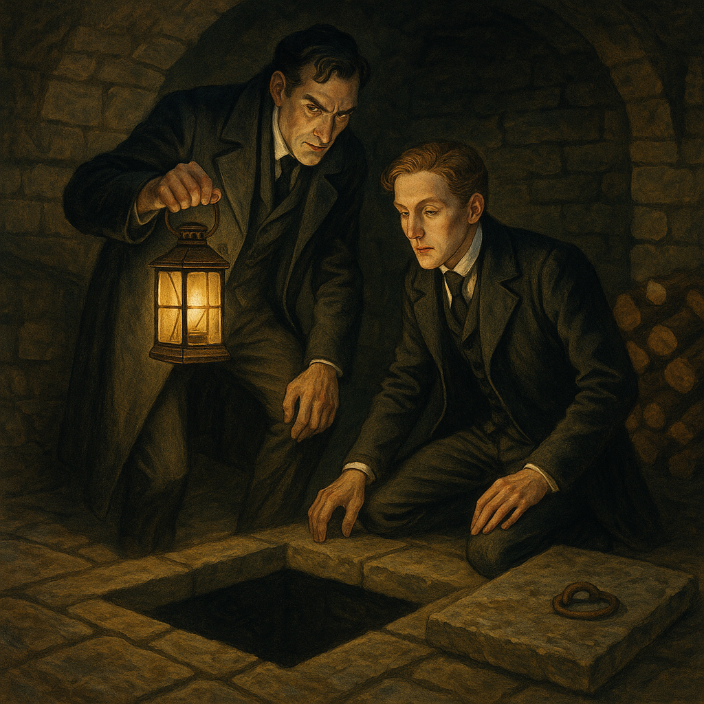 Holmes and Musgrave discover the hidden cellar by lantern light in The Musgrave Ritual