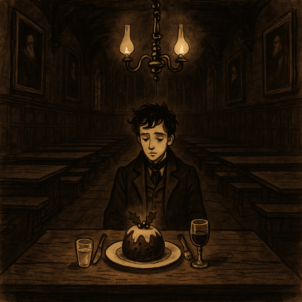 A lone young man eating Christmas dinner in a vast empty Oxford dining hall, illustrating The Only Man Left in College on Christmas-Day.