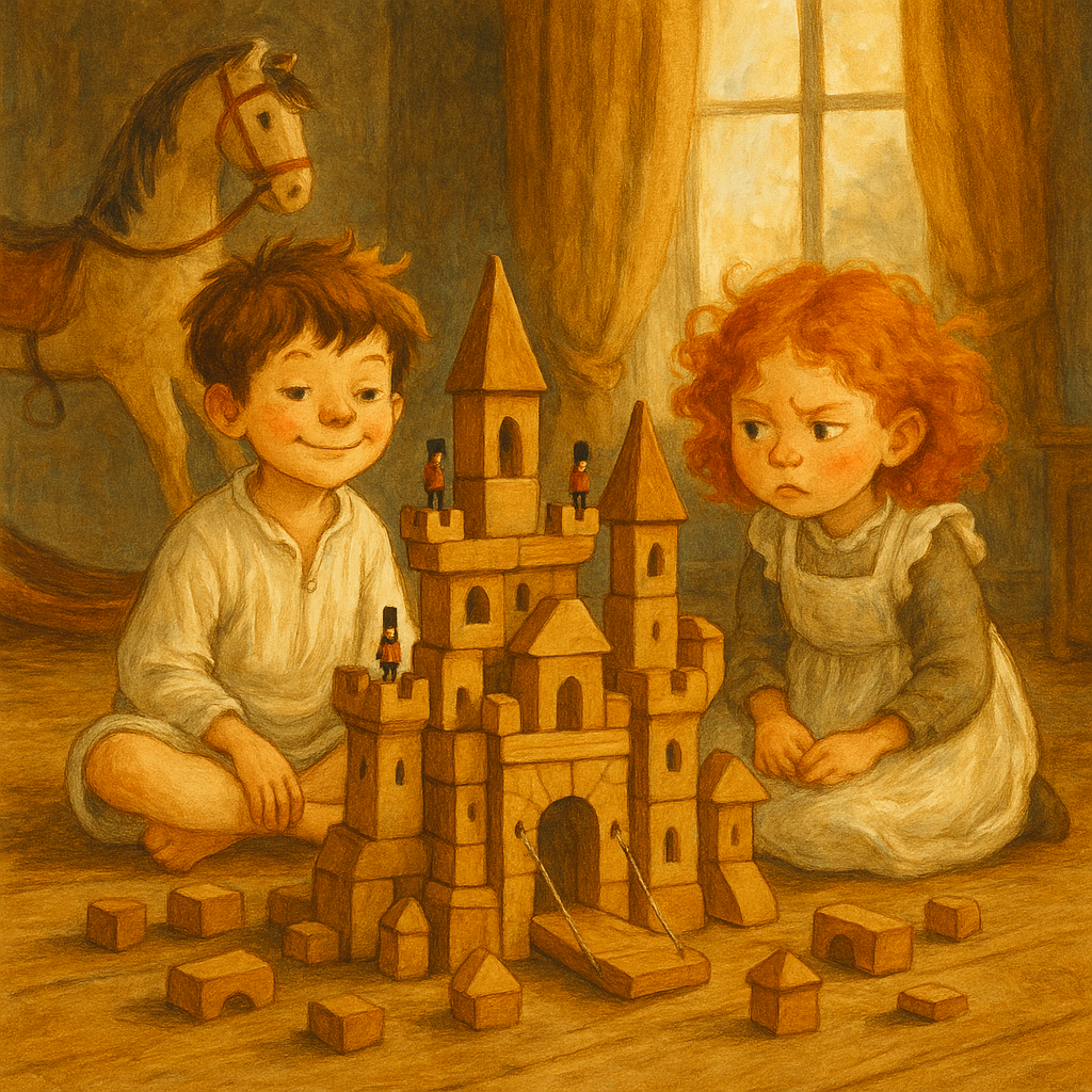 A boy and a girl examine a brick palace built on the nursery floor, with toy soldiers on the towers, in The Palace on the Floor.