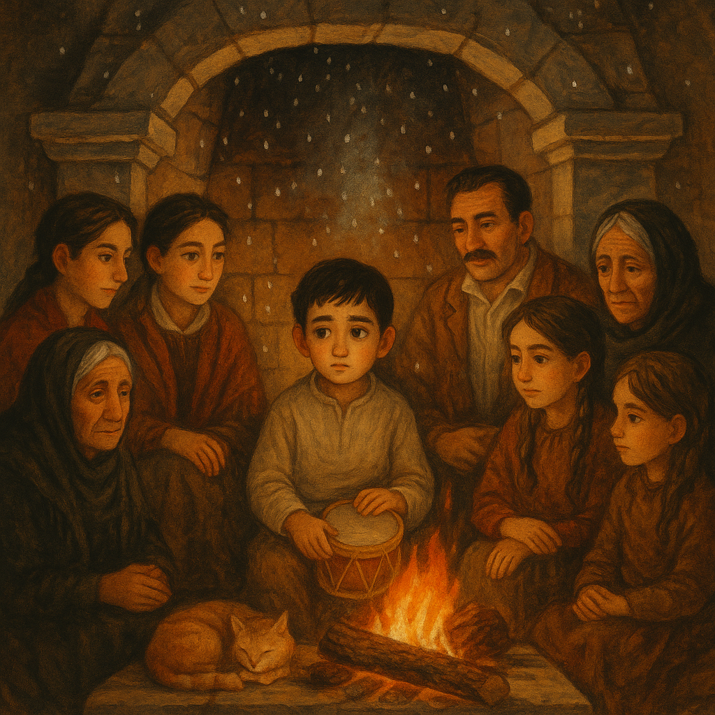 Un niño de siete años mira pensativo junto al fuego familiar en Nochebuena, ilustración de El Poeta en Nochebuena.