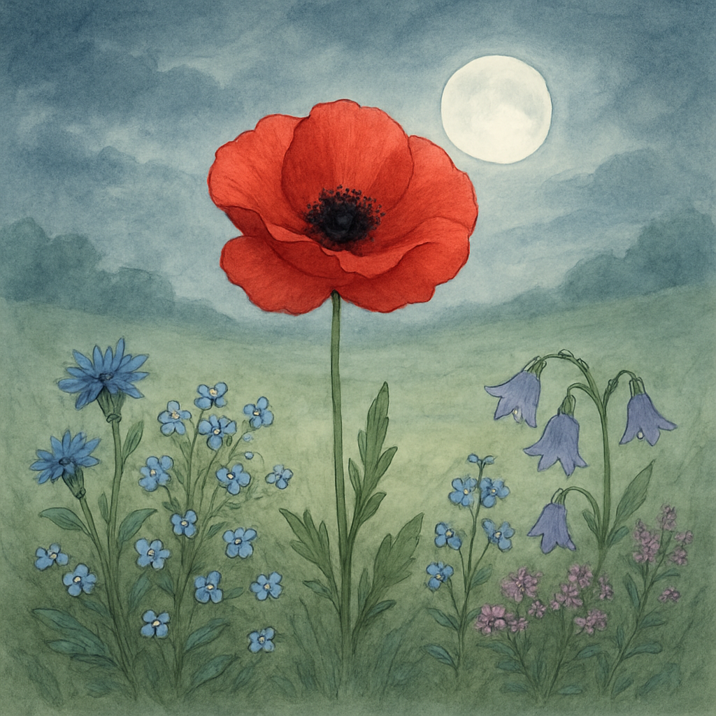 A vivid red poppy in full bloom stands tall among listening wildflowers in a moonlit meadow, from The Poppy.