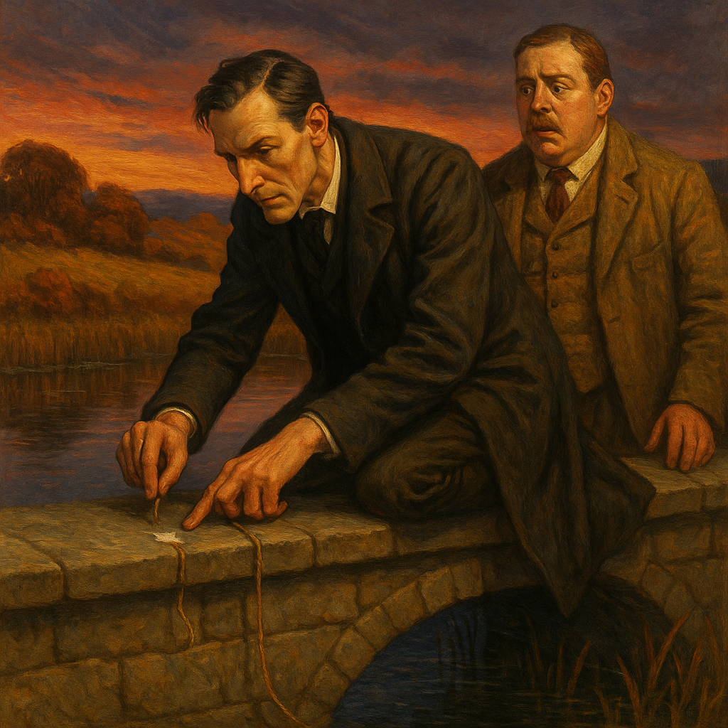 Sherlock Holmes kneels at Thor Bridge parapet examining a stone chip, Watson watching, in The Problem of Thor Bridge.