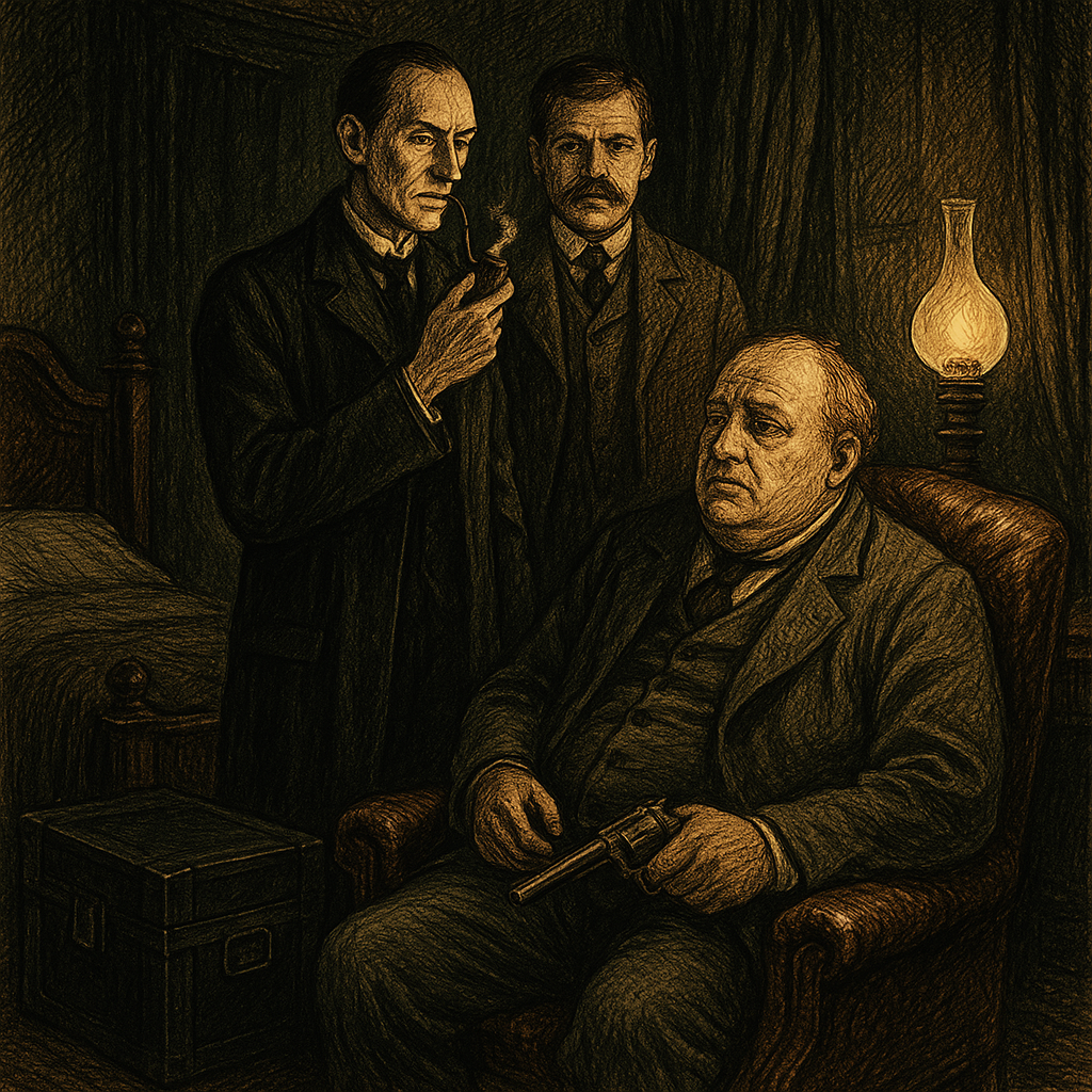 Sherlock Holmes and Watson confront the fearful Mr. Blessington in his dimly lit Victorian bedroom in The Resident Patient.
