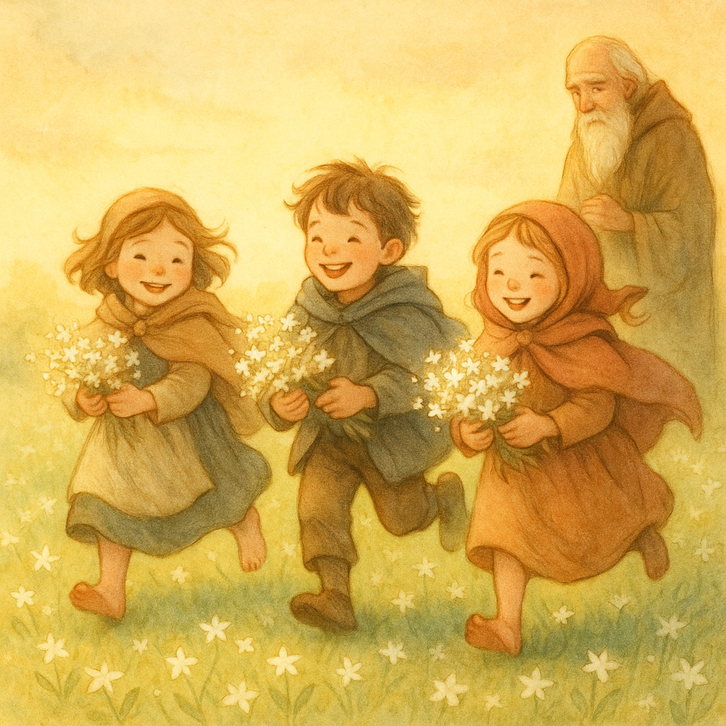 Children gather star-shaped blossoms in a glowing meadow in The Star of Bethlehem