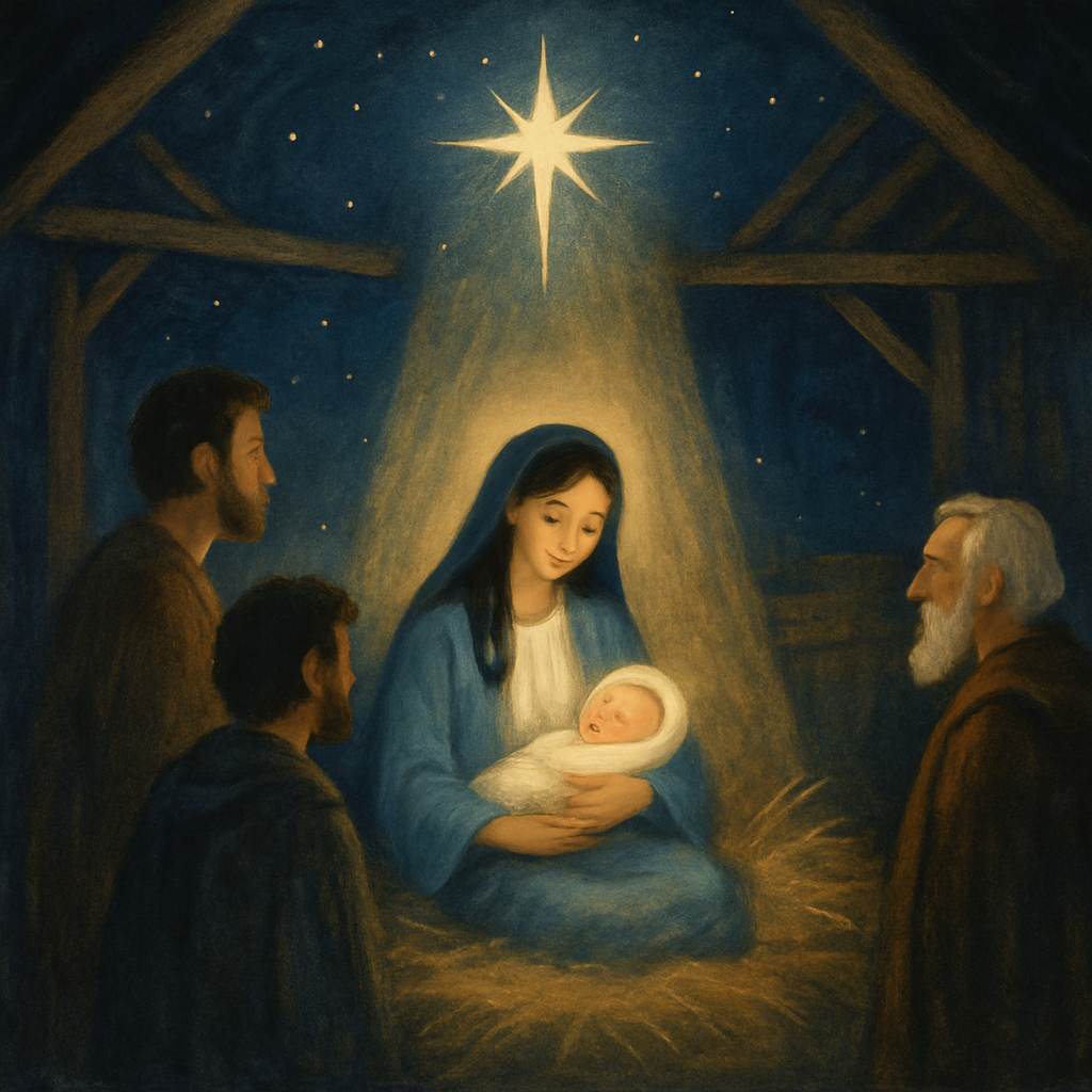 A glowing star illuminates a mother cradling her newborn in a stable, illustrating The Star Song by Robert Herrick.