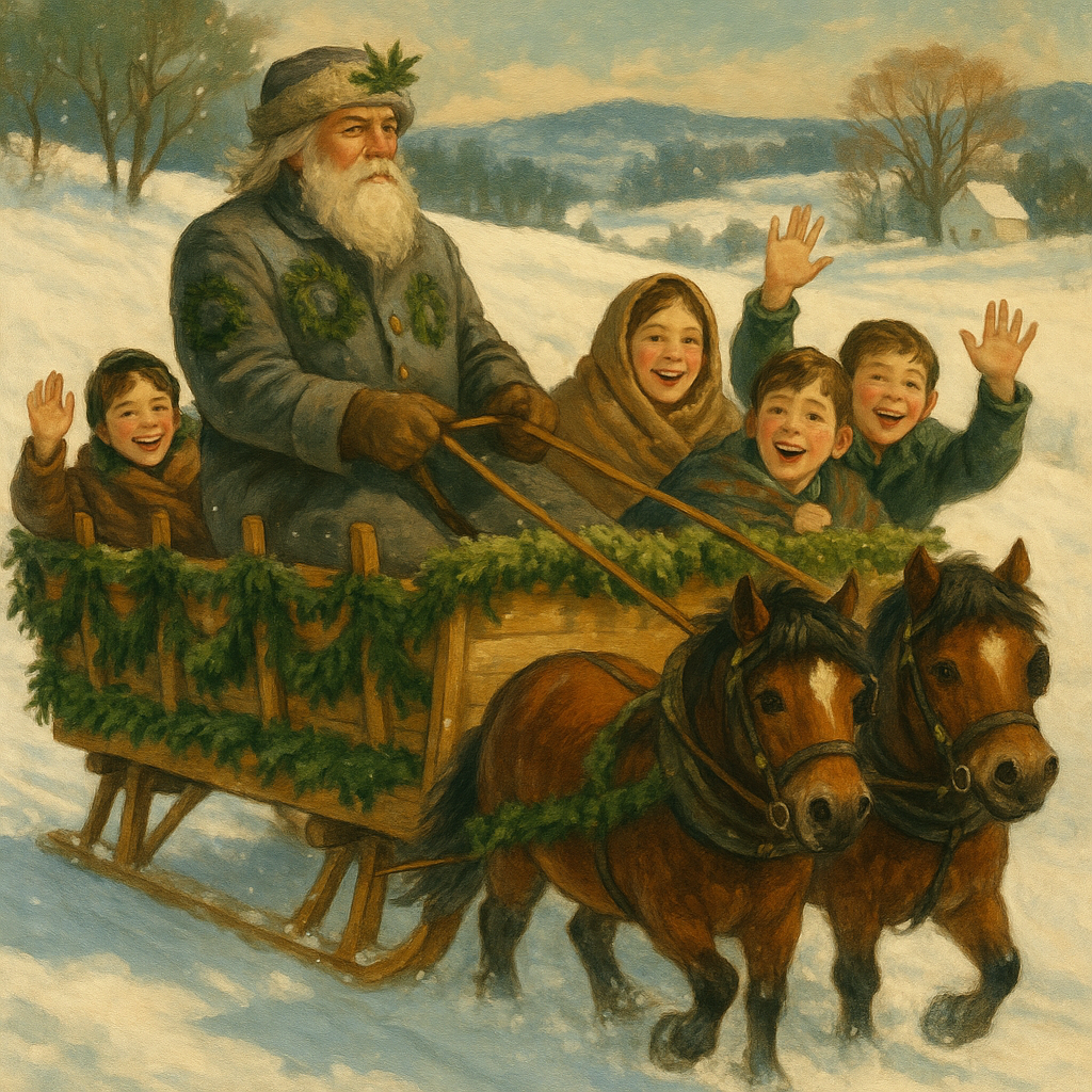 Sandy Ross drives the Burnham children home on a pine-decorated wood sled in The Strange Adventures of a Wood Sled.