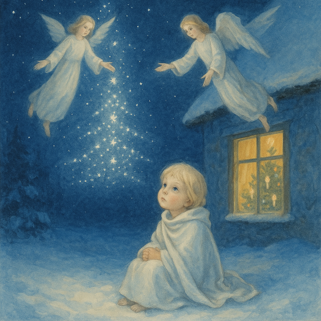 A lone child in a white cloak sits in the snow as angels descend from a star-filled sky in The Stranger Child.